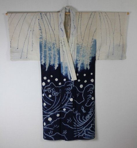 Edo Akita Asamai-shibori Hand-spun cotton Kimono rare Indigo Fashion, Indigo Dyeing, Festival Dance, Japanese Shibori, Kimono Coat, Shibori Tie Dye, Cotton Kimono, Edo Period, Indigo Dye