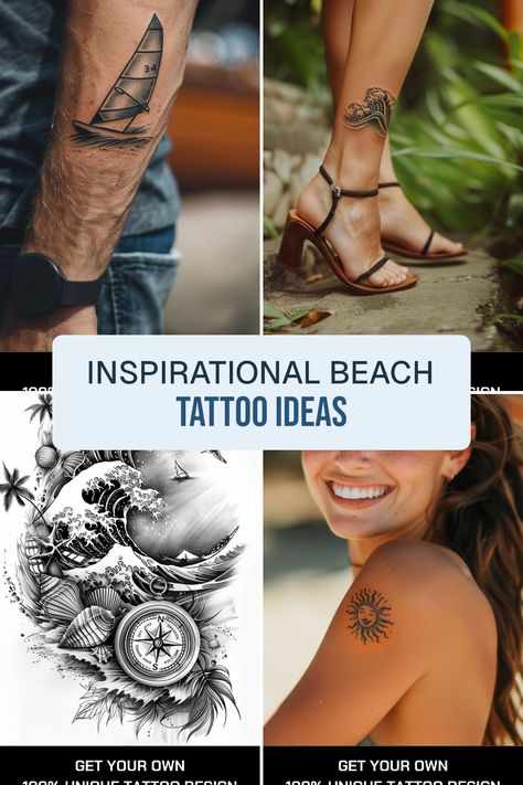 Transform your love for the ocean into beautiful body art with these amazing beach tattoo ideas. From adventurous surfer designs to serene wave motifs, find inspiration that captures the essence of sunlit shores and carefree holidays. Imagine celebrating your perfect beach vacation with authentic symbols like boats, shells, and compasses, creating unique, meaningful tattoos that tell your story. Dive into creative tattoo concepts that light up your love for the sea Ocean Wrist Tattoos For Women, Ocean Armband Tattoo, Beach Theme Tattoos, Beach Inspired Tattoos, Small Beach Tattoos, Beach Tattoo Ideas, Married Couple Tattoos, Starfish Tattoo, Boat Tattoo