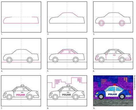 How to Draw a Police Car Police Car Drawing, Police Car Coloring Page, Color Markers Art, Kids Police Car, Police Art, Car Drawing Easy, Toddler Drawing, Comic Book Layout, How To Draw Steps