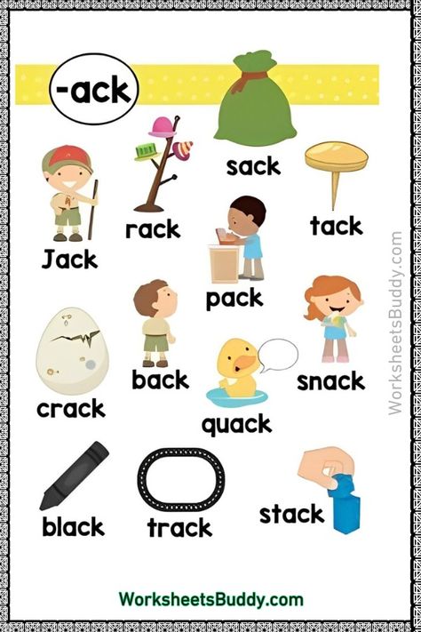 ACK Word Family Worksheets For Kindergarten Ack Word Family Worksheet, Letter W Activities, Word Family List, Counting Worksheets For Kindergarten, Free Kindergarten Printables, Family Worksheets, Alphabet Activities Kindergarten, Words Worksheet, Phonics Printables