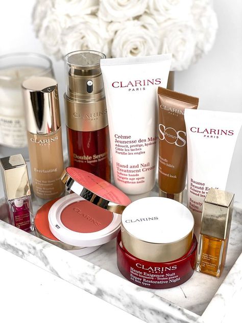 Clarins Skincare Aesthetic, Clarins Lip Oil, Clarins Skincare, Clarins Makeup, Product Aesthetic, Skincare Content, Paris Makeup, Shopping Aesthetic, Essence Makeup