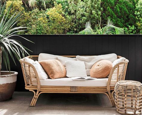 10 ideas for decorating with cane, wicker and rattan furniture | real living Cane Outdoor Furniture, Bamboo Outdoor, Bamboo Sofa, Terrace Furniture, Small Balcony Design, Rattan Outdoor Furniture, Back Deck Decorating, Small Deck Decorating Ideas, Ideas For Decorating