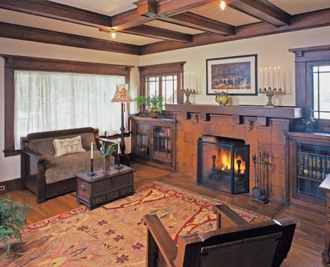 Earthy Tiles, Fireplace Bookcases, Craftsman Style Fireplace, Original Fireplace, Craftsman Bungalow Exterior, 1920 House, Fireplace Bookcase, Modern Farmhouse Fireplace, Craftsman Interiors