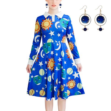 PRICES MAY VARY. Polyester sateen and satin fabrics Dress has peter pan collar and button front placket Elastic back waistband,Buttons at sleeve cuffs All-over print of sun, moon, stars, planets,matcthing with ours science elements earrings you will be popular-known as Magic School teacher. It can be worn to multiple occasions,such as school booking days,school role play,Halloween cosplay,dance performance,Party,Photos,Clubs,flexiable for both casual and formal. This Women's magic costume is rea School Role Play, Ms Frizzle Dress, Solar System Dress, Nerdy Halloween Costumes, Miss Frizzle Costume, Science Elements, Space Costume, Miss Frizzle, Space Costumes