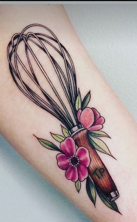 Whisk And Spatula Tattoo, Baking Themed Tattoos, Baking Inspired Tattoos, Whisk Tattoo Baking, Baker Tattoo Pastry Chef, Cooking Tattoo Ideas For Women, Pastry Chef Tattoo Ideas, Bakers Tattoo Ideas, Kitchen Tattoo Ideas