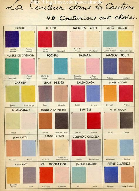 1950s Color chart of the great designers All the big names in fashion are featured like Jeanne Lanvin,  Jean Patou and Maggy Rouf, and of course Dior, Schiaparelli, and Balenciaga along with many long forgotten names, some perhaps who were the instigators of style trends, but were eclipsed by better financed and bigger names who often – lets face it – nicked their ideas.( fashion houses had no ethics in that matter). Fashion Colour Palette, 1950s Color Palette, 1950s Couture, Vintage Colour Palette, Color Forecasting, Design Moodboard, Jeanne Lanvin, Couture Designers, Color Palette Design