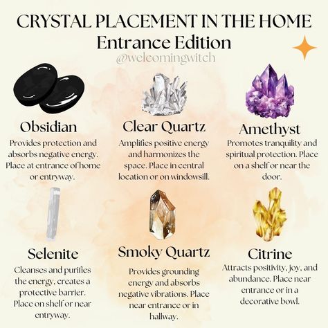 Crystal Placement in the home: Entrance Edition . . . . . . . . . #wiccansofinstagram #witchlife #witchesofinstagram #witch #witchcraft #wicca #wiccan #pagan #spiritual #spiritualawakening #Spirituality #witchessociety #witchytips #magic #babywitch #beginnerwitch #witchy #witchesoftiktok #witchtok #crystals #crystalmagic #crystalplacement Witchcraft Crystals Meaning, Crystals For Beginner Witches, Wiccan Values, Crystal Placement In Home, Witchy Apartment, Hoodoo Witch, Crystals For Home, Crystal Meanings Charts, Witches Road