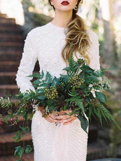 Fern Wedding, Greenery Wedding Bouquet, Green Wedding Inspiration, Greenery Bouquet, Winter Wedding Bouquet, Emerald Green Weddings, Flowers And Greenery, White Wedding Gowns, Camp Wedding