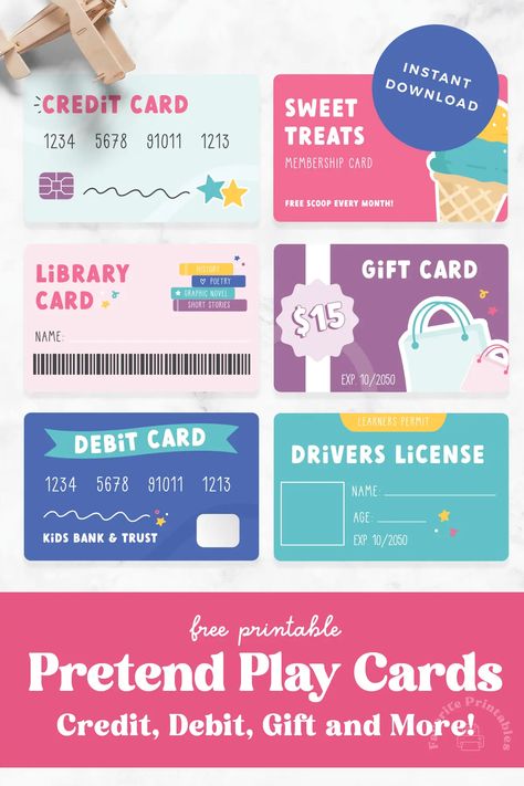 Spark your child's imagination with these printable pretend play cards including credit and debit cards, library card, gift card and more! Printable Pretend Play, Pretend Play Printables, Learners Permit, Play Printables, Play Cards, Membership Card, Library Card, Card Gift, Debit Cards