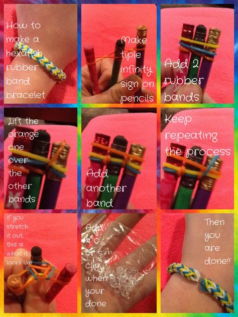 Easy tutorial to make a hexafish rubber band bracelet. I do it on pencils because if you do it on your fingers it's too tight. This takes a lot of rubber bands Loom Bands Tutorial, Rainbow Loom Tutorials, Loom Band Bracelets, Rubber Band Crafts, Rainbow Loom Rubber Bands, Rainbow Loom Patterns, Loom Craft, Rubber Band Bracelet, Rainbow Loom Bracelets