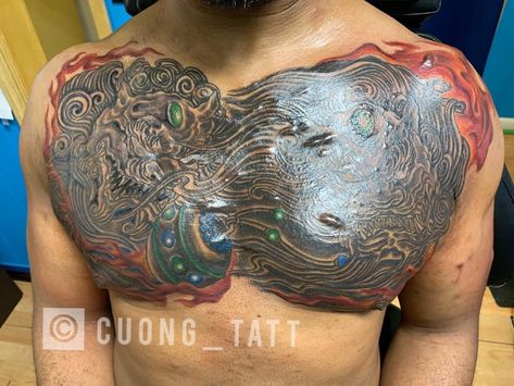 Fu-Dog both chest cover up tattoo. Tattooed by: Cuong Tatt Chest Cover Up Tattoo, Fu Dog, Up Tattoo, Wallpaper Iphone Summer, Bad Tattoos, Small Hand Tattoos, Cover Up Tattoo, Rib Tattoo, Body Modifications