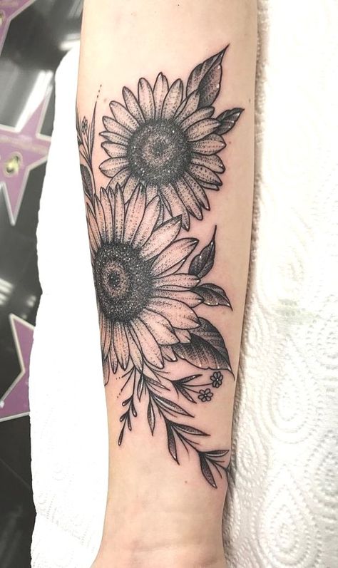 Sunflower Tattoo Sleeve, Sunflower Tattoo Shoulder, Occult Tattoo, Forarm Tattoos, Disney Tattoo, Sunflower Tattoos, Shoulder Tattoos For Women, Sunflower Tattoo, Female Tattoo