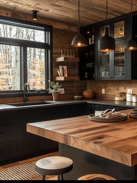 Dark Cabinet Kitchens, Black And Wood Interior, Modern Cabin Kitchen, Natural Wood Kitchen, Dark Wood Kitchens, Cosy Kitchen, Industrial Style Kitchen, Wood Interior Design, Black Kitchen Cabinets