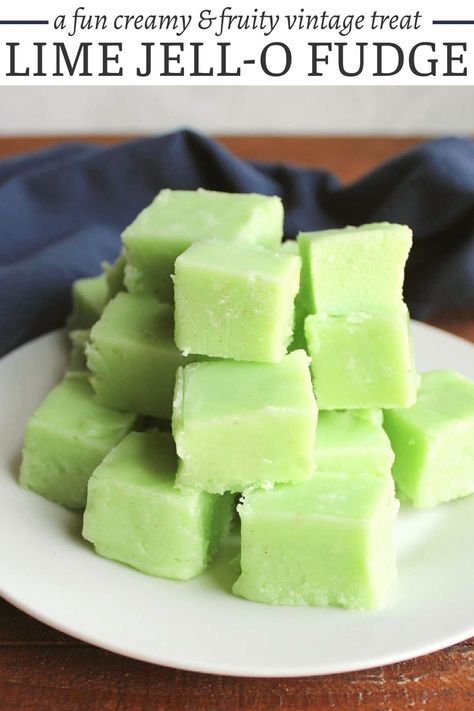 Lime Jello fudge is the vintage treat that we didn't know we needed, but now we do. It has a rich buttery fudge texture with a pop of lime flavor. Lime Jello Fudge, Jello Fudge, Lime Jello Recipes, Lime Fudge, Key Lime Fudge, Peppermint Fudge Recipe, Bake Snacks, Lime Jello Salads, 90s Playlist