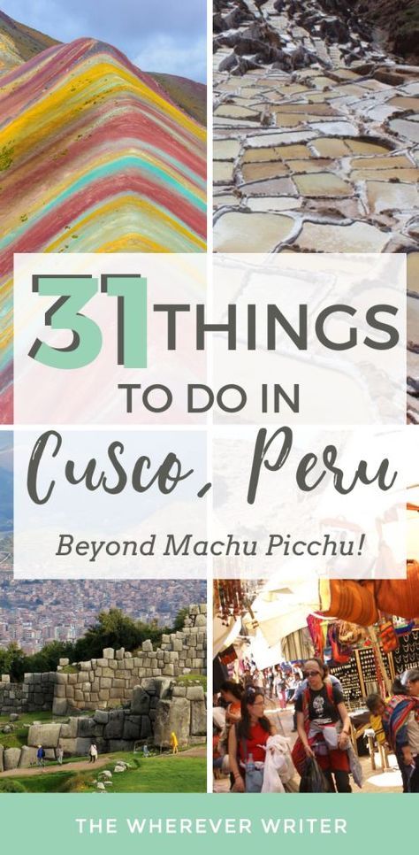 Things to do in Cusco, Peru—beyond Machu Picchu! Maras, Salineras, Rainbow Mountain, and more! Click to read them all! #peru #traveltips #traveldestinations #southamericatravel Cusco Travel, Peru Travel Guide, South America Travel Destinations, South America Destinations, Machu Picchu Peru, Rainbow Mountain, Cusco Peru, Peru Travel, American Travel