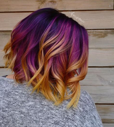 Purple to yellow ombré bayalage on Instagram I found. Sunset Hair Color, Sunset Hair, Hype Hair, Vivid Hair Color, Haute Hair, Bright Hair, Desert Sunset, Yellow Hair, Hair Color And Cut