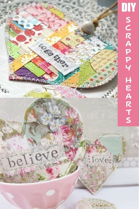 Scrappy Hearts, Sewing With Scraps, Scrap Projects, Easy Valentine Crafts, Patchwork Heart, Scrap Fabric Projects, Heart Diy, Fabric Hearts, Candy Cards