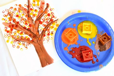 Lego Painting, Fall Tree Craft, Preschool Painting, Paint Leaves, Winter Crafts For Toddlers, Lego Tree, Activity For Preschool, Kids Fall Crafts, Footprint Crafts