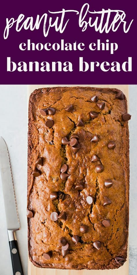 Peanut Butter Chocolate Chip Banana Bread! This Peanut Butter Chocolate Chip Banana Bread is the best of all possible worlds! This riff on classic Banana Bread is so good, the whole loaf will be gone before you know it. #peanutbutter #bananabread #chocolatechip #simplyrecipes #chocolate #banana Peanutbutter Bananabread, Chocolate Chip Banana Bread Recipe, Classic Banana Bread, Dessert Oreo, Peanut Butter Banana Bread, Chocolate Chip Banana, Chocolate Bread, Chocolate Banana Bread, Best Banana Bread