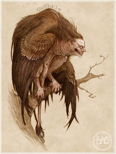 Well, it's not exactly a harpy since it has a more masculine face and harpies are always portrayed,as far as I've seen, as a hybrid of women and bird fe... The Harpy Creaturi Mitice, Fantasy Magic, Green Goblin, 다크 판타지, Monster Concept Art, Fantasy Monster, Mythical Creatures Art, Mythological Creatures, Monster Design