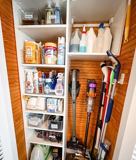 IT'S ORGANIZED | Utilizing Spaces for Utility! The custom closet buildout of this unused space allowed us to create the perfect #cleaning storage zone for… | Instagram Utility Closet Pantry, Under Stairs Cleaning Storage, Hallway Cleaning Closet, Hall Utility Closet Organization, Coat Closet To Utility Closet, Cleaning Supply Closet Ideas, Vacuum Storage Closet, Mop Closet Organization, Broom Closet Ikea