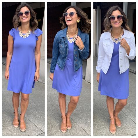 One knit periwinkle dress for summer and three ways to wear it  #justpostedblog #ShopStyle #shopthelook #MyShopStyle #OOTD #LooksChallenge #ContributingEditor #Lifestyle Periwinkle Dress Outfit, Periwinkle Outfit Ideas, Periwinkle Fashion, Periwinkle Outfit, Clothe Designs, Purple Dress Outfits, Periwinkle Dress, Shirt Dress Outfit, Moms Fashion