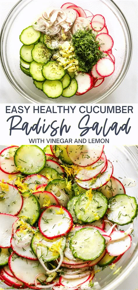 Looking for a quick and refreshing salad? Try our cucumber and radish salad with fresh dill and a tangy lemon vinaigrette! It's easy to make and ready in just 10 minutes. Plus, the combination of crisp veggies and zesty dressing is sure to tantalize your taste buds. Perfect for a light lunch or a side dish! #salad #cucumbers #radishes #dill #lemonvinaigrette #quickrecipe #healthyfood Cucumber Dill Recipes, Celery Radish Salad, Cucumber And Radish Salad Simple, German Radish Salad, Light Green Salad, French Breakfast Radish Recipe, Cucumber Summer Salad, Cucumber Radish Salad With Dill, Ways To Use Dill