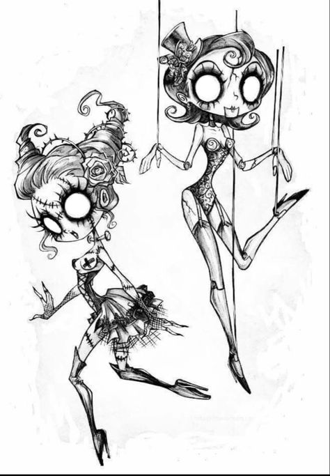 Burtonesque Drawing, Creepy Art Style Sketch, Tim Burton Aesthetic Drawing, Tim Burton Style Art, Sketches Dark, Marionette Tattoo, Tim Burton Drawings Style, Drawing Creepy, Tim Burton Drawings