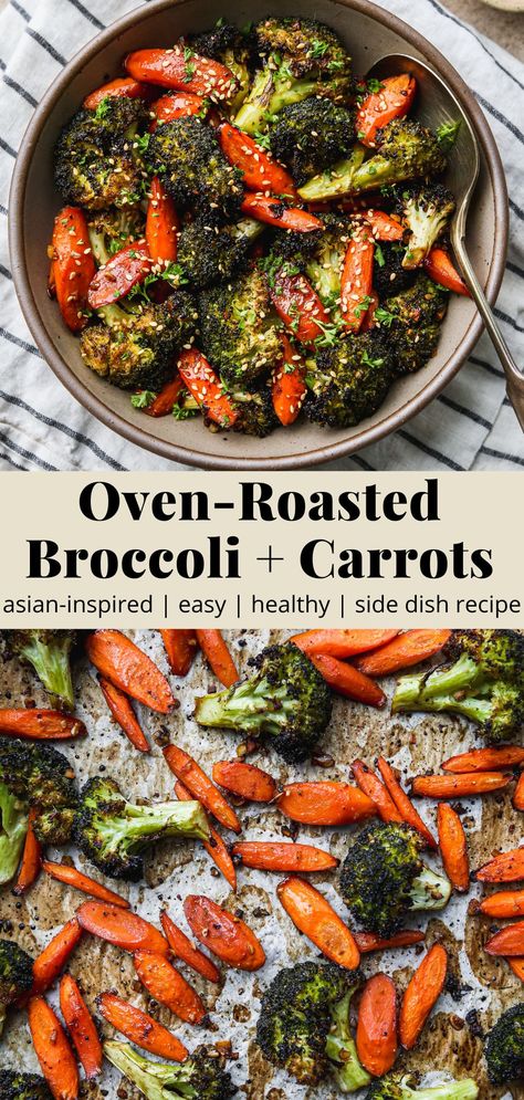 Roasted Broccoli & Carrots (Asian-Inspired) | Walder Wellness, RD Roasted Broccoli And Carrots, Broccoli And Carrots, Easy Veggie Side Dish, Easy Healthy Side Dishes, Veggie Side Dish, Broccoli Benefits, Toasted Sesame Oil, Ginger Honey, Asian Vegetables