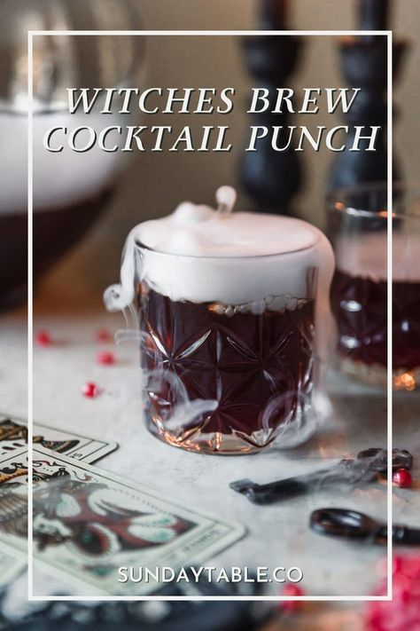 Looking for a creative way to wow your friends at this year's Halloween party? Witches brew cocktail punch is the ultimate easy cocktail for Halloween parties! This spiked punch recipe has pomegranate, blueberry liqueur, tequila (or vodka), and lemon for a sweet-tart adult drink inspired by candy. I also like to mix in dry ice for a cute, witchy vibe. It's the best cocktail for a crowd - it's not too sweet, easy to mix up, and it's a huge crowd pleaser. This Halloween cocktail is the best! Witches Punch Alcohol, Halloween Punch Recipes Alcoholic Big Batch, Drunken Witch Drink, Halloween Party Drinks Alcohol Big Batch, Halloween Spiked Punch, Halloween Batch Cocktails, Witchy Cocktails, Halloween Party Drinks Alcohol, Witches Brew Cocktail