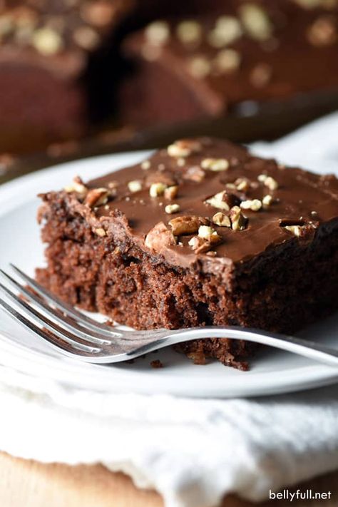 picture of Texas Sheet Cake square slice on white plate Texas Chocolate Sheet Cake, Vanilla Sheet Cakes, Texas Sheet Cake Recipe, Fudgy Cake, Sheet Cake Recipe, Chocolate And Vanilla Cake, Texas Sheet, Remoulade Sauce, Texas Sheet Cake