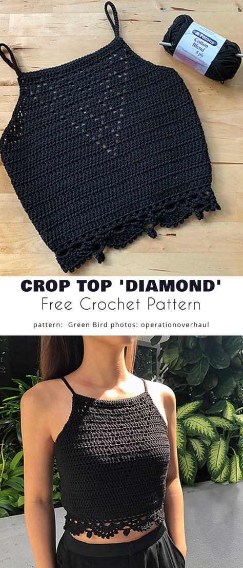 Crop Top 'Diamond' Crochet Yoga Top, How To Crochet A Tank Top, Kandi Stitches, Crop Top Crochet Pattern Free, Basic Crochet Top, Crochet Diamond Top, Diy Crochet Halter Top, Crochet Top Easy, Easy Crochet Halter Top