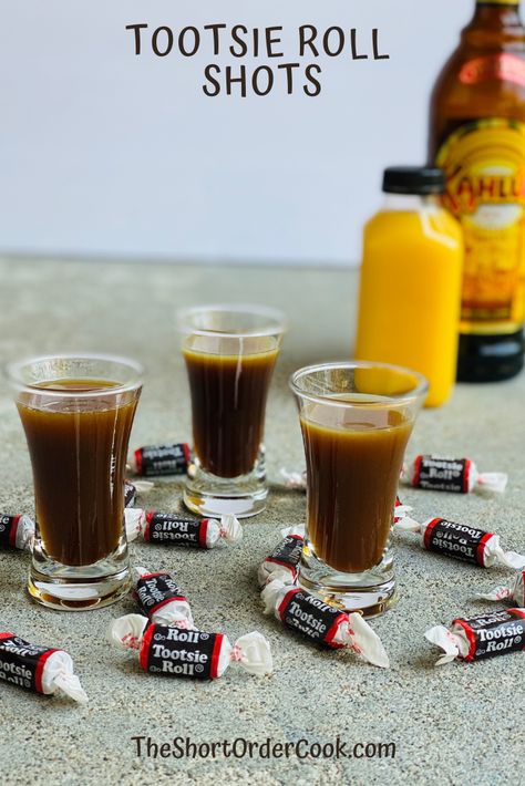 Fall Themed Shots, Tootsie Roll Shot Recipe, Shots That Taste Like Candy, Halloween Drinks For Adults, Tootsie Roll Recipe, Halloween Shots Alcohol, Tito’s Jello Shots, Tootsie Roll Drink, Easy Halloween Drinks