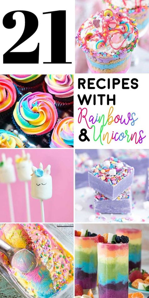 21 Recipes with Rainbows and Unicorns! Whether you're planning a unicorn party or a fun afternoon, this list of unicorn food and rainbow desserts will go perfectly with your Unicorn Frappuccino! | HomemadeHooplah.com Unicorn Frappuccino, Unicorn Food, Unicorn Party Food, Rainbow Desserts, Unicorn Treats, Unicorn Desserts, Rainbows And Unicorns, Rainbow Unicorn Party, Unicorn Themed Birthday Party