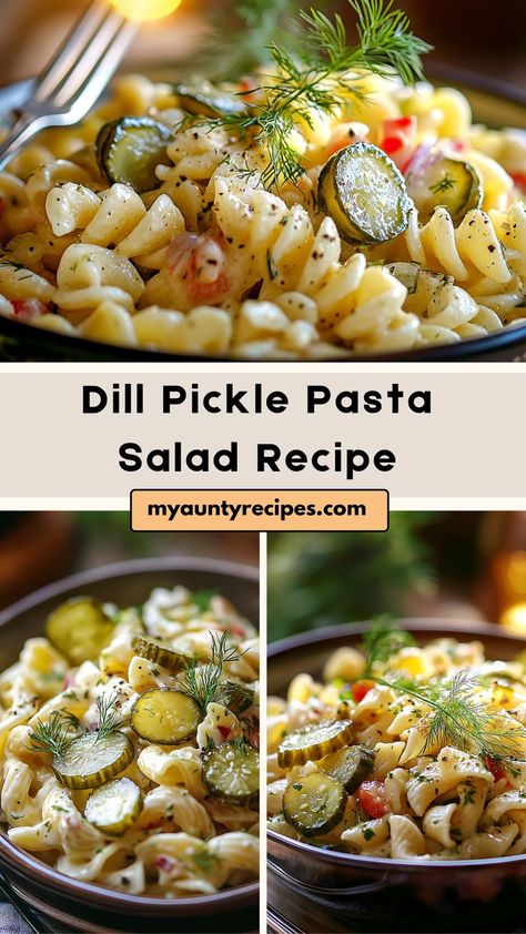 This Dill Pickle Pasta Salad Recipe is a refreshing, tangy side dish that’s perfect for picnics, barbecues, or family gatherings. Tender pasta is tossed in a creamy dill pickle dressing, with crunchy pickles, onions, and fresh herbs adding bursts of flavor in every bite. Dill Pickle Dressing, Dill Pickle Pasta Salad Recipe, Pickle Pasta Salad Recipe, Pickle Dressing, Picnic Pasta Salad, Pickle Pasta Salad, Crunchy Pickles, Pickle Pasta, Pickles Onions