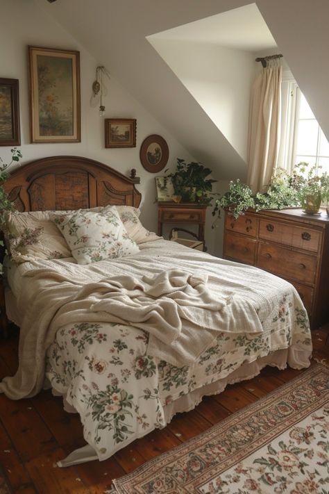 Maximalist Decor Antique, Light Cottagecore Room, Home Decor Old House, Earthy Traditional Bedroom, Bedroom Idea Vintage, Bedroom Ideas For Small Rooms Vintage, Vintage Classy Bedroom, Vintage House Decoration, French Provisional Bedroom