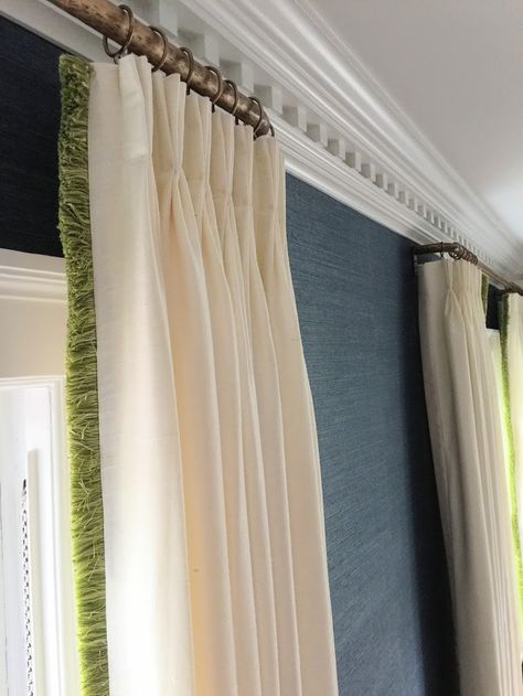 Tape Trim Drapery, Drapes With Tape Trim, Drapes With Fringe Trim, Curtains With Trimmings, Curtains With Fringe Trim, Linen Curtains With Trim, Curtain With Trim, Adding Trim To Curtains, Drapes With Trim