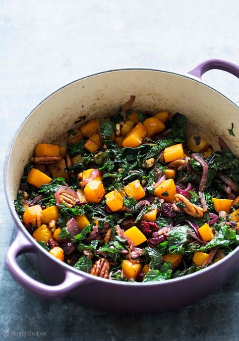 Great side dish for the holidays! Roasted cubes of butternut squashed tossed with balsamic sautéed onions, kale, pecans, dried cranberries. Easy! Comes together in the time it takes to roast the squash. Delicious and #vegan! On SimplyRecipes.com Baby Ribs, Swiss Chard Recipes Easy, Best Butternut Squash Recipe, Paleo Pumpkin Recipes, Butternut Squash Kale, Fitness Breakfast, Sautéed Onions, Swiss Chard Recipes, Pastas Recipes