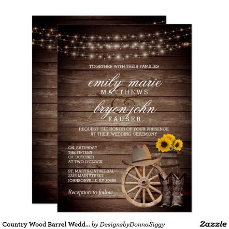 Wedding With Sunflowers, Country Style Wedding Invitations, Country Themed Wedding Invitations, Western Wedding Invitations, Sunflower Invitations, Barrel Wedding, Wood Barrel, Rustic Boho Wedding, Sunflower Wedding Invitations