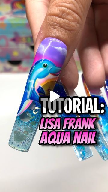 Lisa Frank Nail Designs, Lisa Frank Nails Acrylic, Curved Nails Acrylic, Aquarium Nails Design, Lisa Frank Nails, Nail Magazine, Aqua Nail, Nails Miami, Aquarium Nails