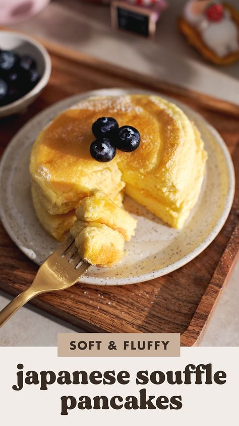 These Japanese souffle pancakes are unbelievably soft, fluffy, and jiggly. They melt in your mouth like clouds and go with just about any toppings. They're a little bit tricky to make (I give you all my tips and tricks!) but the result is worth it. #souffle #pancakes #breakfast | teakandthyme.com Japanese Souffle Pancakes, Pancakes Breakfast, Souffle Pancakes, Electric Hand Mixer, Pancake Batter, Fresh Fruits, Cream Of Tartar, Melt In Your Mouth, Cake Flour