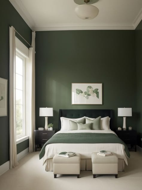 Create a striking contrast by painting one wall in a dark green hue to serve as a statement accent in your bedroom. Pair it with soft neutral colors like cream and beige for a sophisticated color palette. Black White And Forest Green Bedroom, Black And Green And White Bedroom, Black Room With Green Accents, Black White And Hunter Green Bedroom, White Bedroom With Dark Green Accents, Bedroom Inspirations Forest Green, Bed Back Wall Painting Design, Black And Green Modern Bedroom, Sage Green Black And Wood Bedroom