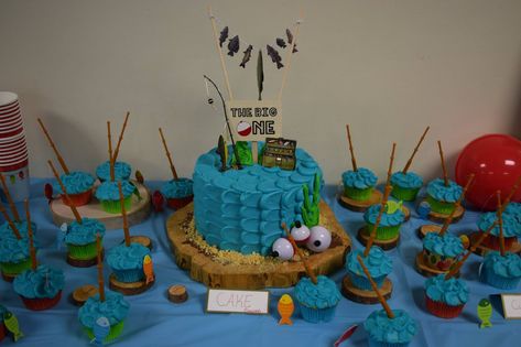 O-Fish-ally The Big One First Birthday Party Fishing Cake & Cupcakes Oh'fish'ally One Cake, O Fish Ally One Smash Cake, O Fish Ally One Birthday Cakes, O Fish Ally One Birthday, The Big One First Birthday, Fishing Cakes, Big One First Birthday, One Birthday Cake, Fish Cake Birthday