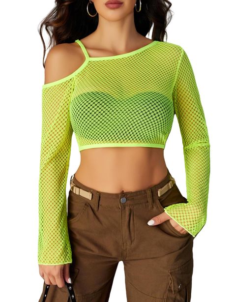 PRICES MAY VARY. Breathable Material: Our long sleeve crop top is made of 90% Nylon and 10% Spandex. Mesh fabric is lightweight, soft and stretchy for all-day comfort Unique Design: See through rave top features long sleeves, sexy off-shoulder, adjustable one-shoulder strap, mesh, and asymmetrical neck, super trendy and eye-catching, making you stand out from the crowd Stylish Wearing: Sexy off the shoulder top can be paired with a simple bralette, skirt or jeans for a personalised everyday look Green Fishnet Top, Tops For Women Long Sleeve, Tops For Women Long, Fishnet Shirt, Red Fishnets, Crop Tops For Women, Fishnet Top, Womens Long Sleeve Shirts, Rave Outfits