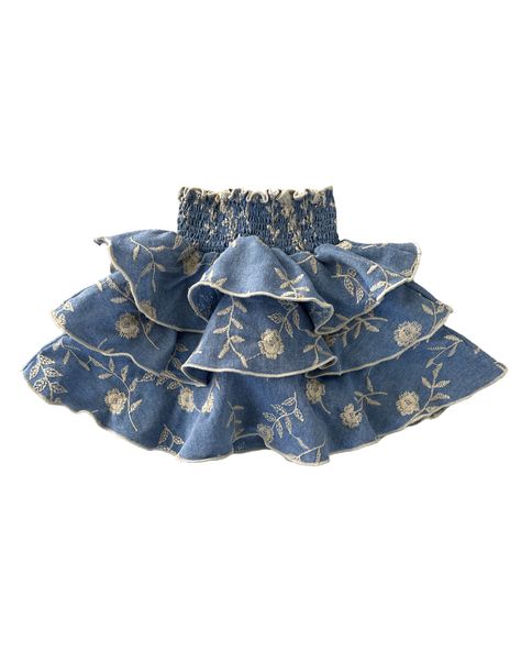 Ruffles Aesthetic, Ruffled Denim Skirt, Dark Blue Skirt, High Waist Denim Skirt, Preppy Tops, Fancy Fits, Ruffled Mini Skirt, Embroidered Details, Diy Couture