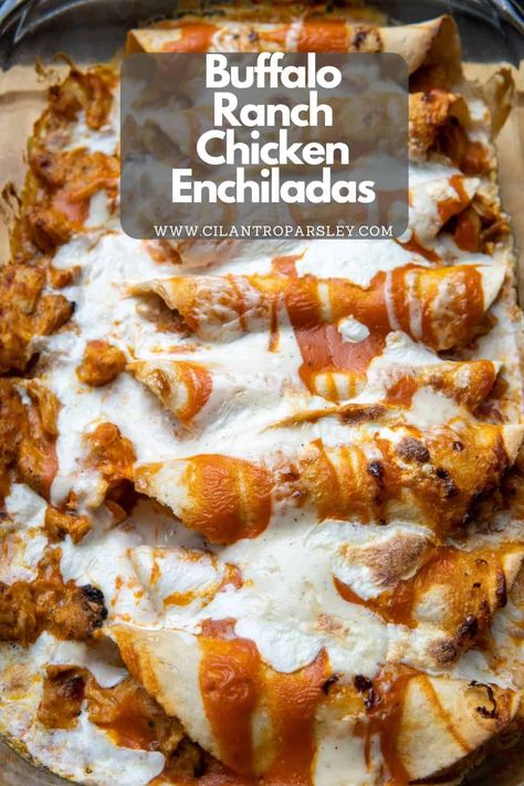 These Buffalo Ranch Chicken Enchiladas are made with corn tortillas, shredded chicken, buffalo sauce, ranch dressing and mozzarella cheese. Buffalo Chicken Enchiladas, Ranch Chicken Enchiladas, Chicken Buffalo, Buffalo Ranch Chicken, Venison Meat, Chicken Enchiladas Recipe, Baked Buffalo Chicken, Traditional Mexican Dishes, Latin Recipes