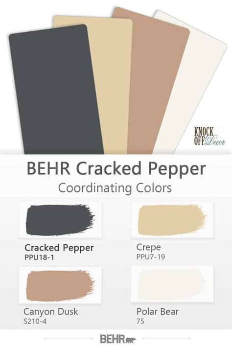 Behr Cracked Pepper Paint Color, Behr Coordinating Paint Colors, Small Bathroom Painted Vanity, Behr Paint Cracked Pepper, Cracked Pepper Paint Bathroom, Behr Cracked Pepper Color Pallet, Cracked Pepper Behr Exterior, Cracked Black Pepper Paint, Behr Cracked Pepper Accent Wall