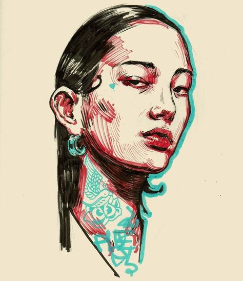 Art Ideas Portraits, Alvaro Escobar Art, Ink And Marker Art, Marker Art Portrait, Marker Painting Ideas, Alvaro Escobar, Illustration Inspiration Ideas, Funky Drawing, Marker Portrait