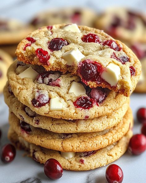 Discover the perfect balance of tart cranberries and creamy white chocolate in these soft and chewy cookies. A must-try treat for all! Cranberry Bliss Bar Cookies, White Chocolate Cranberry Short Bread Cookies, Cranberry White Chocolate Desserts, Gluten Free Cranberry White Chocolate Cookies, White Cranberry Cookies, Soft Cookies Christmas, White Chocolate Oatmeal Cranberry Cookie, Cranberry Orange White Chocolate Cookies, White Chocolate Chunk Cookies