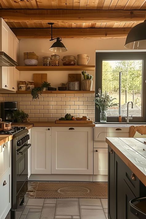 Discover farmhouse kitchen decor ideas that fit perfectly in tiny cottage kitchens, optimizing space and aesthetics. 🌿🏠 Shelving Ideas Kitchen, Small Cottage Kitchen Ideas, Small Cottage Kitchens, Kitchen Cabinets Open, Colorado Kitchen, Kitchen Tile Ideas, Tiny Cottage Kitchen, Cottage Kitchen Ideas, Minimalist Cottage